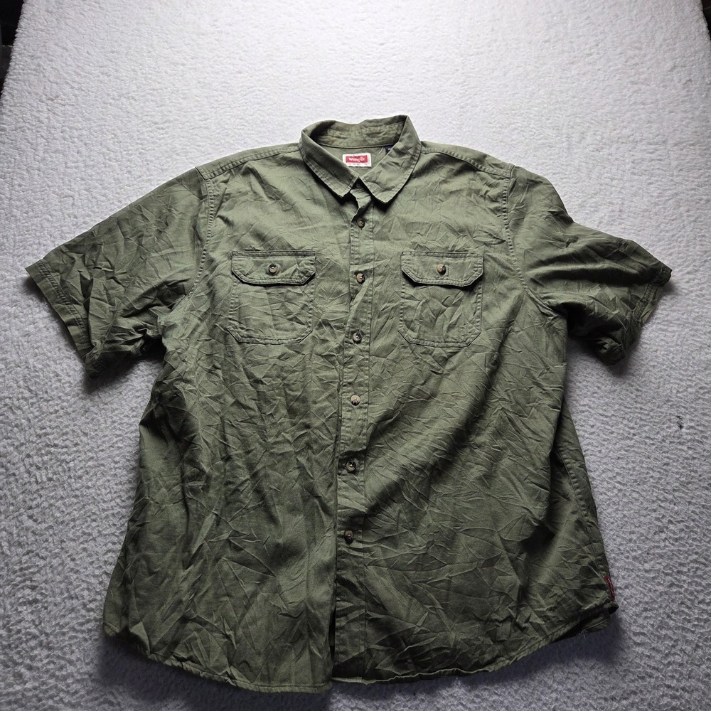Wrangler Shirt Mens XL Green Twill Stretch Short Sleeve Button Up Pockets Casual